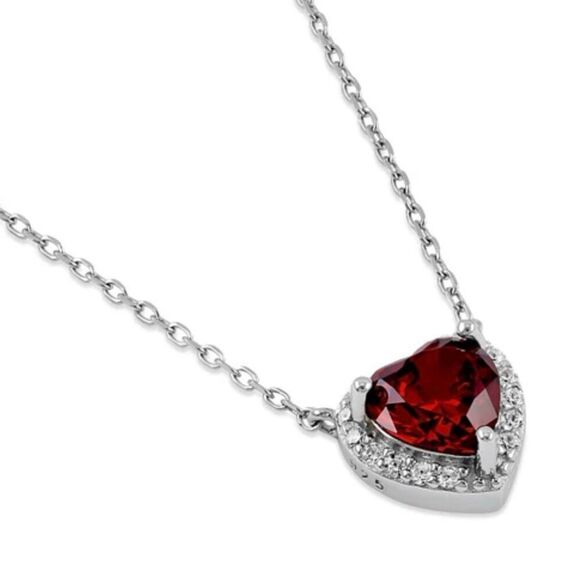 Sterling Silver Dark Garnet and Heart Halo Necklace New - Picture 1 of 7